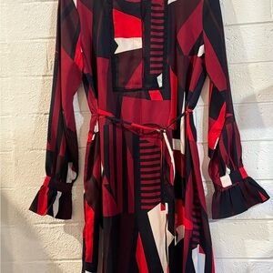 LOFT Red and Black Geometric Long Sleeve Dress